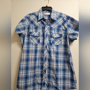 Vintage Wrangler Wrancher Pearl Snap Shirt XL (?) Blue Orange Plaid